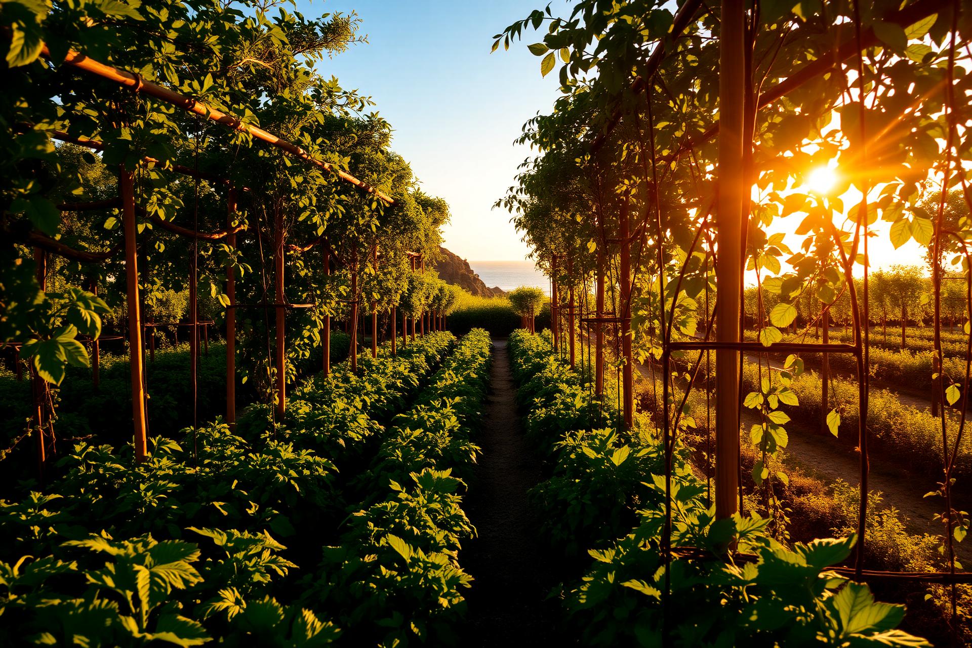 Organic garden at sunrise with rows of leafy greens climbing bamboo trellises, ocean visible in the distance