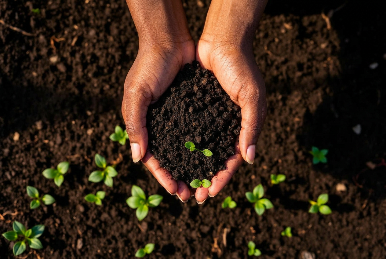 Hands holding rich dark vegan compost above a garden bed with young seedlings